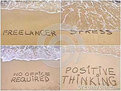 Collage of relaxation messages written on sand Stock Photo