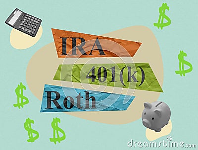 Collage about retirement plans Roth IRA and 401k. Stock Photo