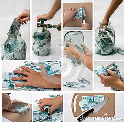 Collage of roubles, saving and dieviding money Stock Photo