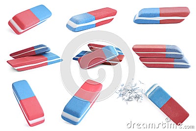 Collage of rubber erasers on white background Stock Photo