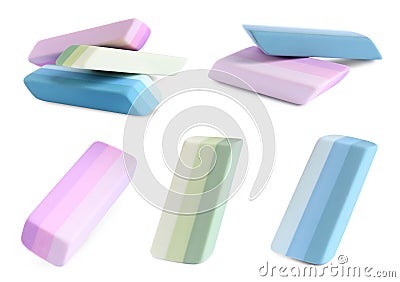 Collage of rubber erasers on white background Stock Photo