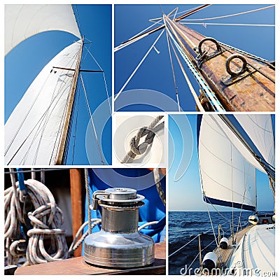 Collage of sailing boat stuff - winch, ropes, yacht in the sea Stock Photo