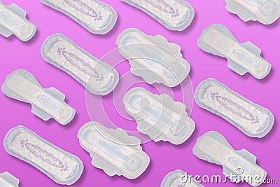 Collage of Sanitary pad or Menstrual Pads for light, regular and heavy flow on a pink background Stock Photo