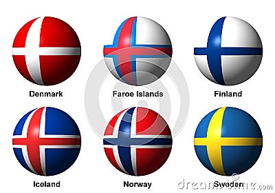 Collage of Scandinavian flags with labels Stock Photo