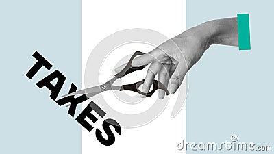 Collage with scissors cutting the word Taxes. Tax deductions and Tax cut plan Stock Photo