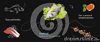 Collage with seafood and graphics on a black slate background. Stock Photo