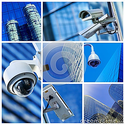 Collage of security camera and urban video Stock Photo