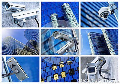 Collage of security camera and urban video Stock Photo