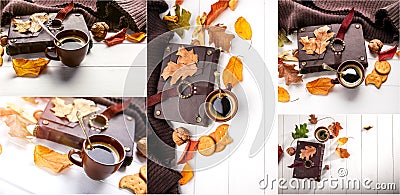Collage set Autumn fall still life cup coffee Stock Photo