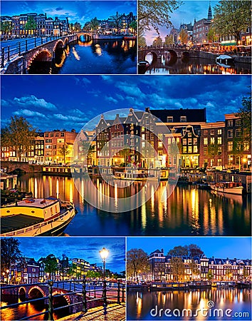 Collage set Bridge Blue hour arch over canal in Amsterdam Famous Stock Photo