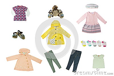 Collage set of children clothes. Concept spring autumn and summer clothes. Isolated on white. Close up. Stock Photo