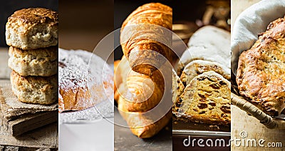 Collage set pastry of various kinds. Croissants, Danish swirl, ensaimada, stollen, scones, apple pie calzone. Stock Photo