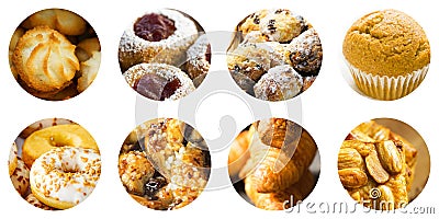 Collage set of round circle icons isolated on white background of various kinds of pastry cookies muffins croissants mini cakes Stock Photo