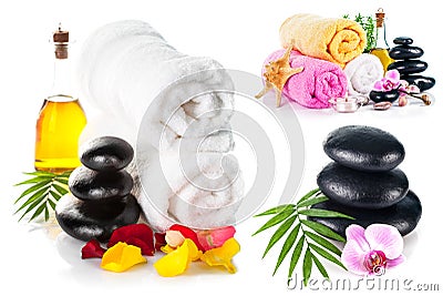 Collage set Spa still life with candle isolated on white Stock Photo
