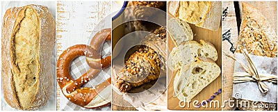 Collage set of variety of bread kinds ciabatta German pretzel wholemeal croissants bran buns on long banner for bakeries pastry Stock Photo