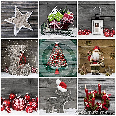 Collage of several different colorful christmas decoration on wood. Stock Photo