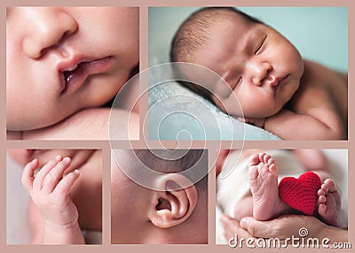 Collage several images of cute sleeping baby, newborn and mothercare concept Stock Photo