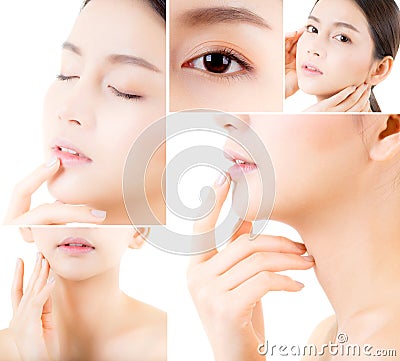 Collage of several photos for beautiful asian woman makeup of cosmetic, girl hand touch cheek, face of beauty perfect with wellnes Stock Photo