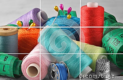 Collage of sewing threads on reels and a centimeter Stock Photo