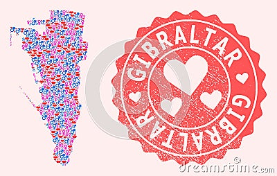 Collage of Sexy Smile Map of Gibraltar and Grunge Heart Stamp Vector Illustration