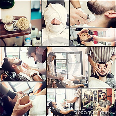 Collage of shaving beard in a old style barber shop. Stock Photo