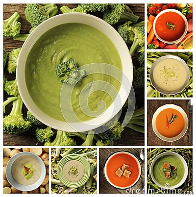 Collage with different kind of soups Stock Photo