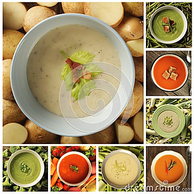 Collage with different kind of soups Stock Photo