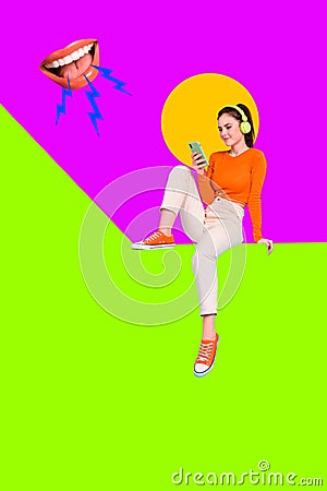 Collage sketch artwork of cheerful funny cute woman enjoy relax rest listen music isolated on drawing background Stock Photo