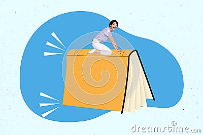 Collage sketch image of overjoyed astonished mini girl sit huge flying book isolated on drawing blue background Stock Photo
