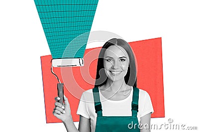 Collage sketch template of happy positive girl painter hold roller room renovation isolated on drawing background Stock Photo