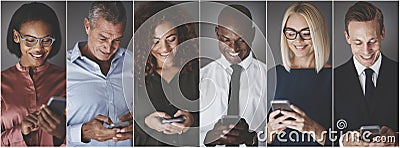 Smiling group of diverse businesspeople sending text messages Stock Photo