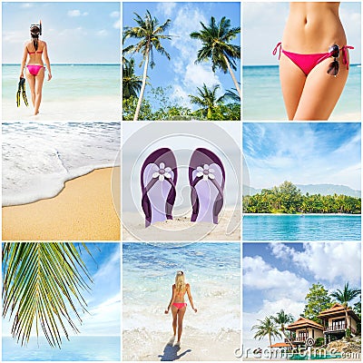 Collage: spa, massaging, resort, healthcare. Summer vacation concept collection. Stock Photo