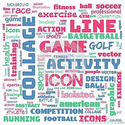 collage sports word cloud green background, all sports, this contain use as banner, painting, motivation, web-page, website Cartoon Illustration
