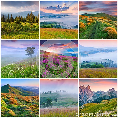 Collage with 9 square summer landscapes. Stock Photo