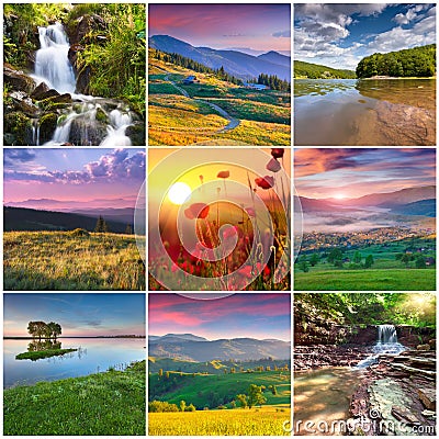 Collage with 9 square summer landscapes. Stock Photo