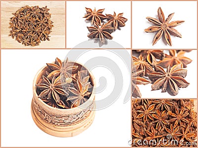 Collage with star anises isolated on white background. Dried star anise spice fruits Stock Photo