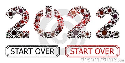 Start Over Textured Rubber Stamps with Notches and Start 2022 Caption Collage of Covid Items Vector Illustration