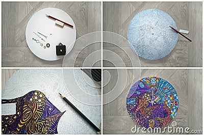 Collage of step-by-step instructions for DIY round wall clock on canvas in technique of zentangle drawing pattern using colored Stock Photo