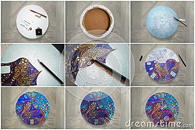 Collage of step-by-step instructions for DIY round wall clock on canvas,zentangle drawing pattern technique,pencil,liner Stock Photo