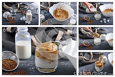 Collage of step-by-step preparation of Korean dalgona coffee Stock Photo