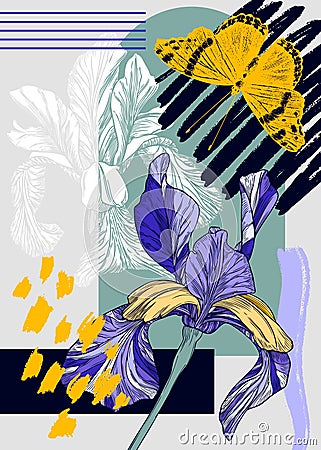 Collage style iris vector illustration. Hand-sketched spring flower and butterfly. Trendy design with floral, geometric shapes, Vector Illustration