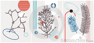 Collage style winter vector illustration. Mistletoe, cypress, yew plant sketches. Trendy Christmas design with botanical drawings Vector Illustration