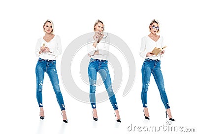 collage with stylish girl with champagne glass, eyeglasses and book, Stock Photo