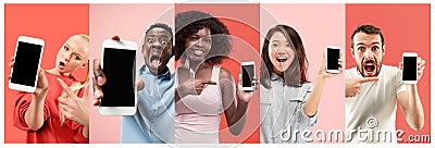 The collage about surprised, smiling, happy, astonished people showing blank screen of mobile phones Stock Photo