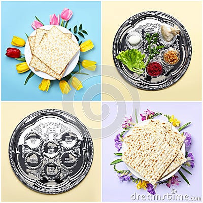Collage of symbolic Passover Pesach meal and dishware Stock Photo