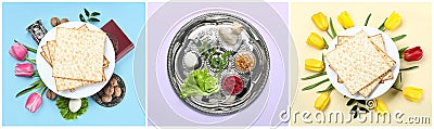 Collage of symbolic Passover Pesach meal and dishware on color background Stock Photo