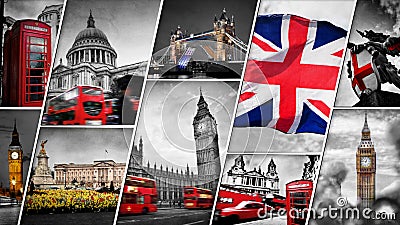 Collage of the symbols of London, the UK Stock Photo