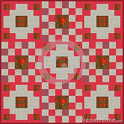 Quilt design n.6, collage for a quilt, red and beige with floral elements Stock Photo