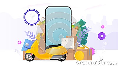 Collage on the theme of delivery. Yellow scooter with food rack, telephone, gold coins, cardboard boxes, paper bag with Vector Illustration