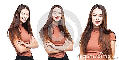Collage three happy beautiful brunette women Stock Photo